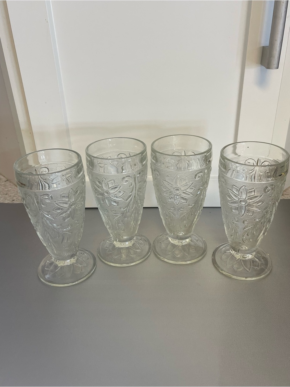 Clear Tiara Sandwich Floral Tea Tumblers Footed Drinking Glass  Set of 4  - 8 oz